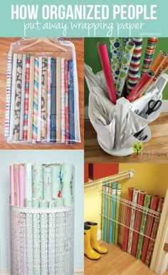 DIY Organization ideas for Christmas wrapping paper. I LOVE that metal trash can idea!!! Storage For Wrapping Paper Rolls, Clever Organization, Diy Organizer, Ikea Ideas