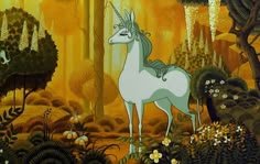 a painting of a unicorn standing in the middle of a forest with flowers and trees