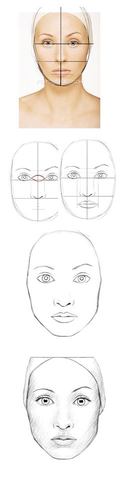 three different views of the face and one showing how to draw it with pencils