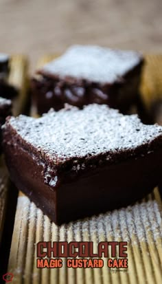 chocolate magic custard cake with powdered sugar on top