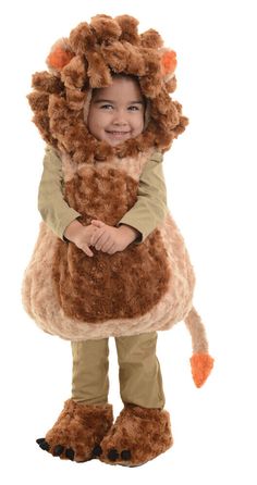 a little boy dressed in a lion costume with his hands on his hips and smiling at the camera