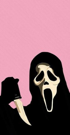 a person wearing a ghost mask and holding a knife in front of their face with a pink background