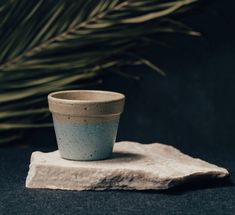 a small cup sitting on top of a rock