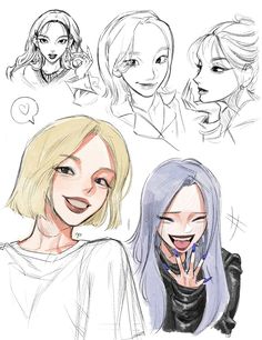 some drawings of two women with different facial expressions and hair styles, one is holding her hand up to the other's face