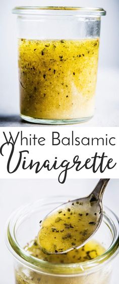 white balsamic vinaigrette in a glass jar with a spoon