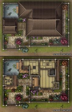 two different views of a house from above and below, with the same floor plan