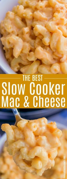 a spoon full of macaroni and cheese with the title above it that reads slow cooker mac and cheese