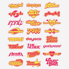 some type of stickers on a white background with red and yellow lettering in the middle