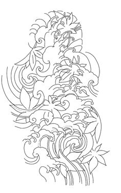 a line drawing of an abstract design with waves and swirls on the side, in black and white