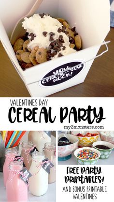 valentine's day cereal party with free printables and tons of chocolate chips