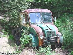 an old rusted out truck sitting in the woods