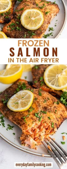 two plates with salmon and lemon slices on them