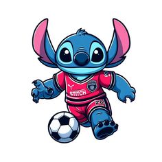 a cartoon character with a soccer ball in his hand and the name stitch on it