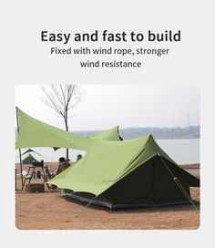 an image of a tent pitched up next to the water with people sitting in it