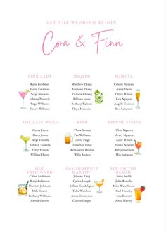 the wedding drink list is shown in pink and white