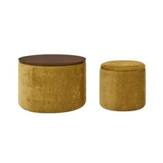 two round stools with wooden top in gold velvet