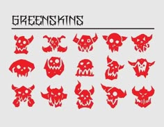 an image of some red skulls on a white background with the words greenskinss