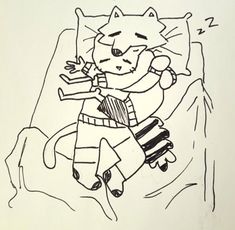 a black and white drawing of a cat laying in bed with a pillow on it's back