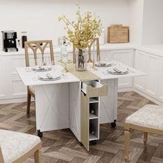 a kitchen table with two chairs and a wine rack in the center is set for four