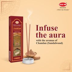 an advertisement for incenses with the words infuse the aura, with the aroma of chandan sandalwood