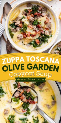 Zuppa Toscana Olive Garden Copycat Soup is the best comfort food recipe! This hearty soup made in a small Dutch oven with bacon, sausage, potatoes, and kale is perfect to enjoy with salad and breadsticks. Make it today and enjoy!