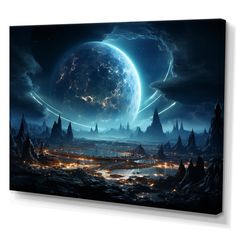 an alien world with planets and stars floating in the sky canvas wall art print, ready to hang