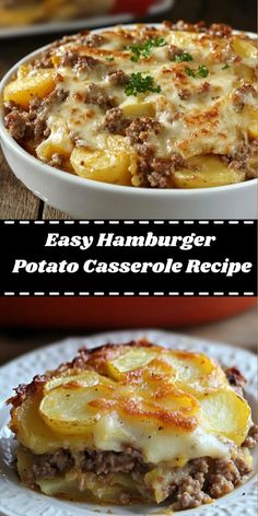 an easy hamburger potato casserole recipe with cheese and meat in the bottom photo