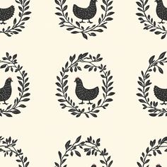 six black and white hens with leaves around them on a cream wallpaper background