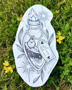 a drawing of a bottle with a crown on it sitting in the grass next to yellow flowers