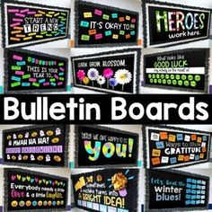 bulletin boards with different sayings and pictures on the front, in black and white