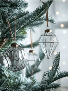 three ornaments hanging from a christmas tree