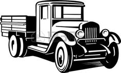 an old pickup truck silhouetted in black and white on a white background royalty illustration