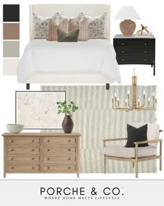 a bedroom design board with furniture and accessories