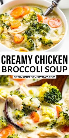 creamy chicken broccoli soup with carrots and onions in a white bowl