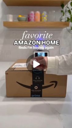 a person holding an amazon box with the text favorite amazon home and i'm buying again