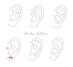 six different types of ear piercings with hearts and stars on the sides, all in pink