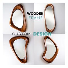 three wooden mirrors with different shapes and sizes