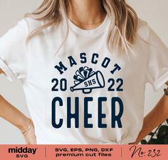 a woman wearing a t - shirt that says, mascot cheer with a bullhorn on it