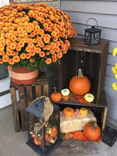 an arrangement of pumpkins and flowers on a porch