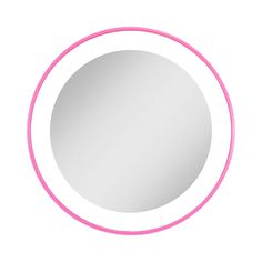 a round mirror with pink trim around the edges on a white background, it appears to be empty