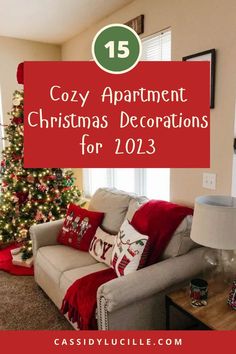 a living room decorated for christmas with the words cozy apartment christmas decorations for 2013 on it