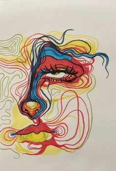 an abstract drawing of a woman's face with wavy hair and eyes painted on white paper