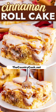 cinnamon roll cake on a white plate with the title in the middle and bottom photo