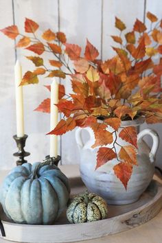 some pumpkins are sitting on a tray with candles and leaves in the vase next to them