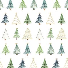 christmas trees are painted in different colors and sizes on a white background with gold trimmings