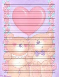 a pink lined paper with two teddy bears and a heart on the bottom, in front of a purple background