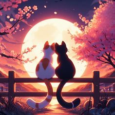 two cats sitting on a bench in front of a full moon and cherry blossom trees