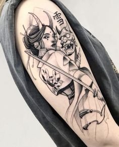 Geisha And Hannya Tattoo, Japanese Hip Tattoo, Geisha With Hannya Mask Tattoo, Hanya Sleeve Tattoo, Hanya Mask Half Sleeve, Hanya Forearm Tattoo, Female Samurai Tattoo, Japanese Tattoo Women