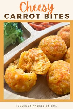 Cheesy carrot bites served with broccoli and carrots. Blw Lunch Ideas For Daycare, Food Ideas For Infants, Lunch For 13 Month Old, Creative Carrot Recipes, Carrot Toddler Recipe, Feeding Tiny Bellies Lunch, Veggie Toddler Meals, Easy Baby Lunch Ideas, Bentgo Toddler Lunch Ideas