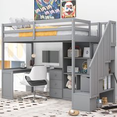 Twin Size Loft Bed With L-Shaped Desk And Drawers, Cabinet And Storage Staircase Storage Staircase, Desk And Storage, Trundle Bed With Storage, Loft Bed Frame, Bed With Desk, Twin Size Loft Bed, Twin Loft Bed, Bed Shelves, Bed Storage Drawers